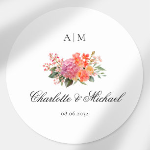 Adesivo Redondo Casamento com Rótulo de Monograma Floral Elegante