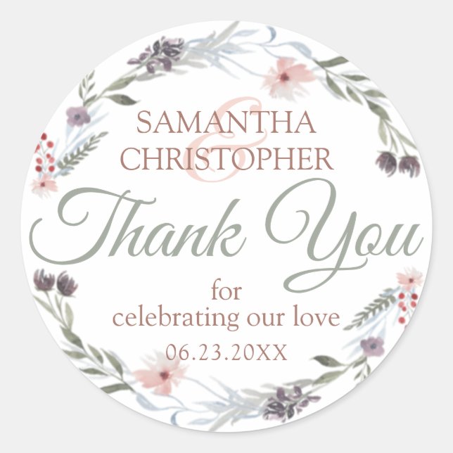 Adesivo Redondo Casamento com Script Verde Dourado Floral Rosa, Ob (Frente)