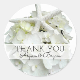 Adesivo Redondo Casamento com Starfish, Hydrangea White Obrigado