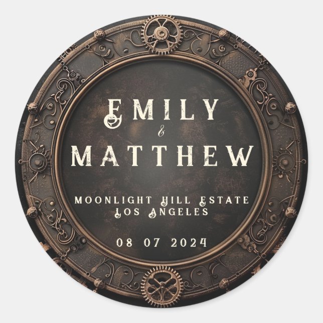 Adesivo Redondo Casamento com Steampunk Noir (Frente)