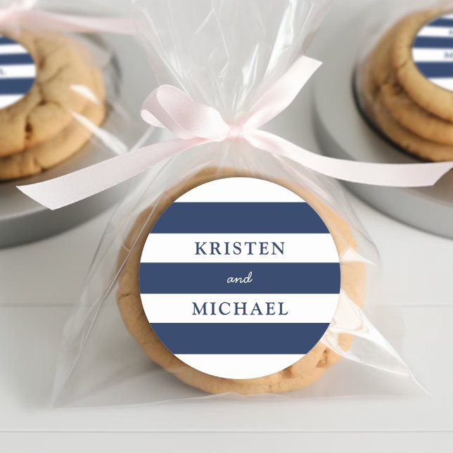 Adesivo Redondo Casamento com Striped Azul Náutico (Nautical Blue Striped Wedding Classic Round Sticker
)