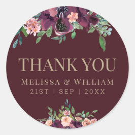 Adesivo Redondo Casamento com Watercolor Floral Burgundy Obrigado