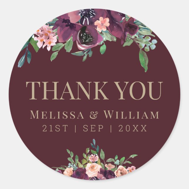 Adesivo Redondo Casamento com Watercolor Floral Burgundy Obrigado (Frente)