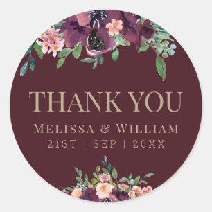 Adesivo Redondo Casamento com Watercolor Floral Burgundy Obrigado