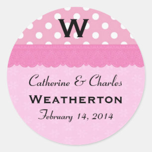 Adesivo Redondo Casamento cor-de-rosa do monograma das bolinhas