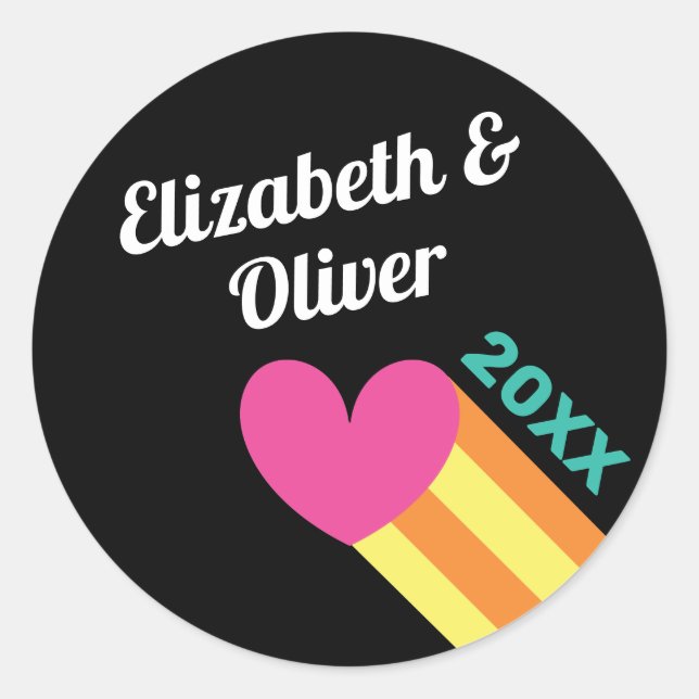 Adesivo Redondo Casamento Coração Rosa dos 80 (Frente)