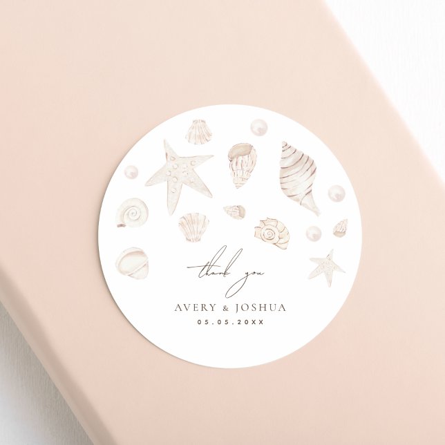 Adesivo Redondo Casamento Costeiro de Maçãs e Pérolas Obrigado (Criador carregado)