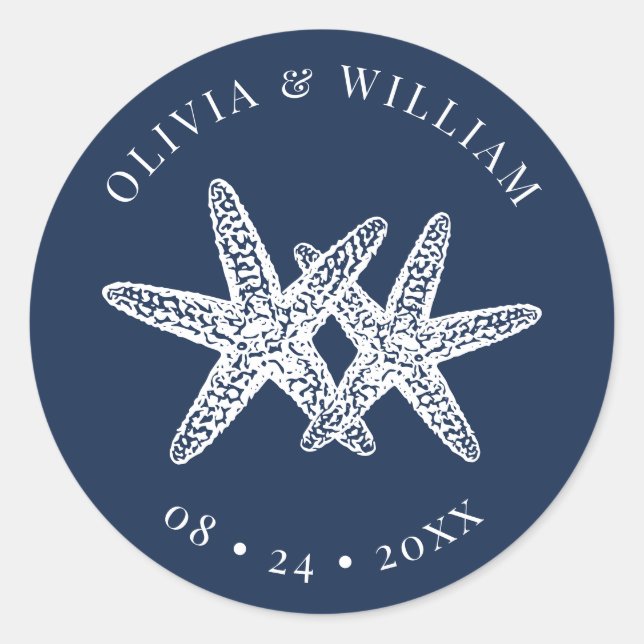 Adesivo Redondo Casamento Costeiro de Praia marinho Blue Starfish (Frente)