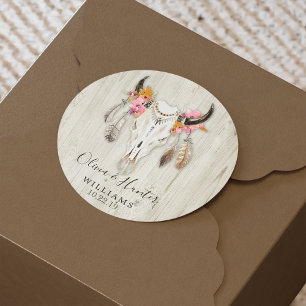 Adesivo Redondo Casamento Crânio de Boho Floral Feather Antler