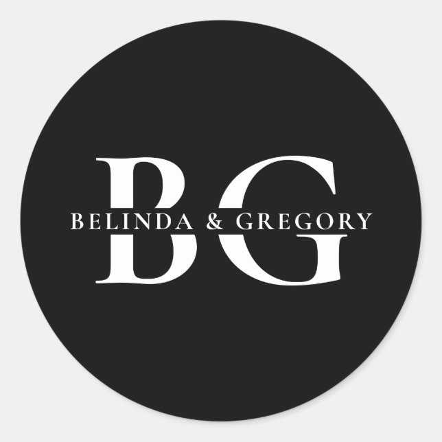 Adesivo Redondo Casamento das Iniciais do Monograma Branco e Preto (Frente)