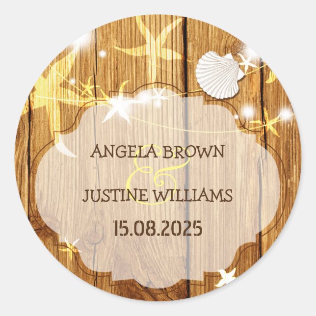 Adesivo Redondo Casamento das Luzes das Cordas de Praia Festiva (Frente)