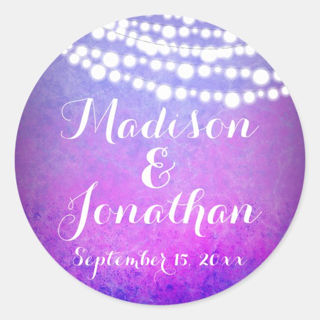 Adesivo Redondo Casamento das Luzes de Twinkle com Púrpura (Frente)