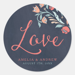 Adesivo Redondo Casamento De Amor Floral A Chalkboard Azul