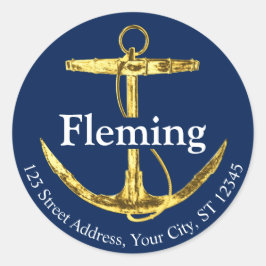 Adesivo Redondo Casamento de Âncora Náutica marinho Azul e Dourada