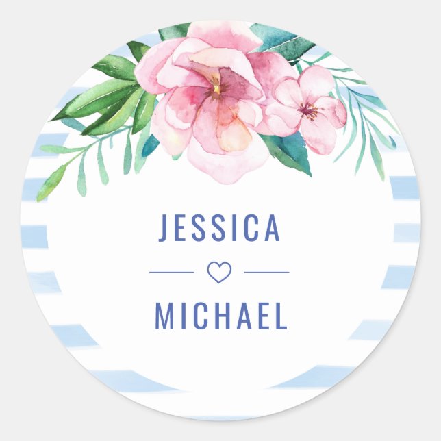 Adesivo Redondo Casamento de Aquarela de Verão Tropical de Praia (Frente)