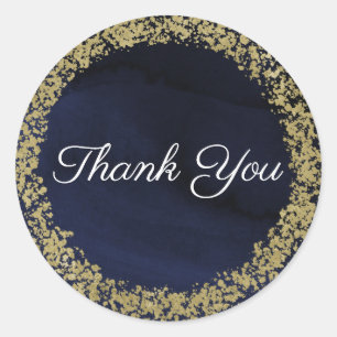 Adesivo Redondo Casamento de Aquarela Moderna Azul-Navy e Dourado