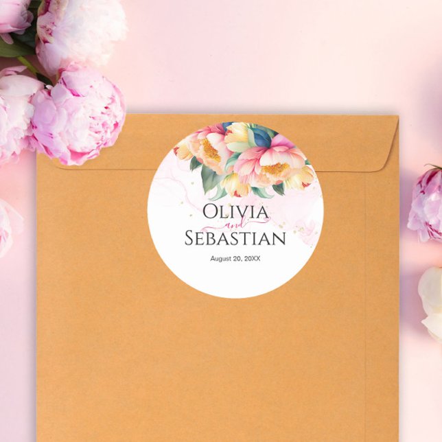 Adesivo Redondo Casamento de Aquarela Romântica Elegante (Criador carregado)