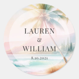 Adesivo Redondo Casamento de Árvores de Palma de Aquarela de Praia