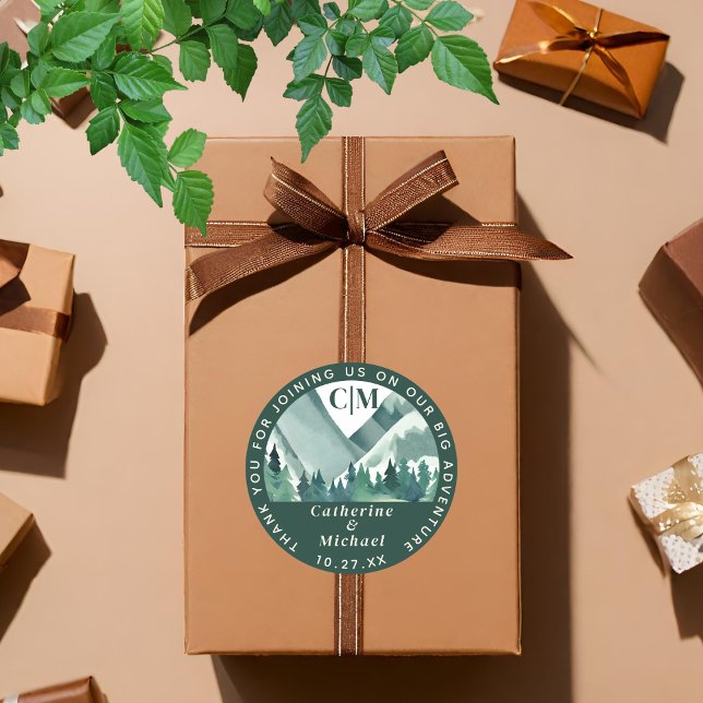 Adesivo Redondo Casamento de Aventura de Montanha Emerald Greenery (Criador carregado)