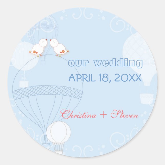 Adesivo Redondo Casamento de Aves Românticas em Balões de Ar Quent (Frente)