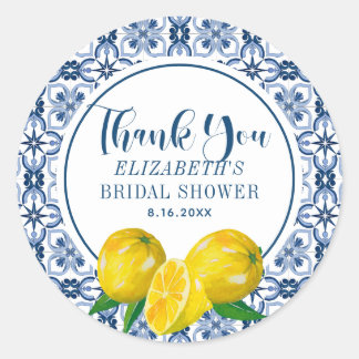 Adesivo Redondo Casamento De Azulejo Azul Italiano Lemon Obrigado