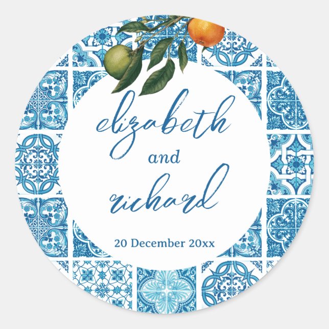 Adesivo Redondo Casamento de Azulejos Azuis de Limão do Mediterrân (Frente)
