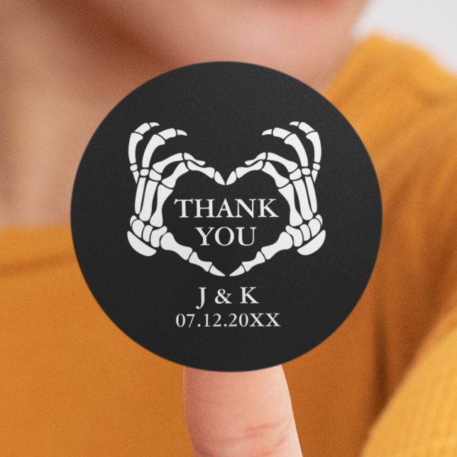 Adesivo Redondo Casamento de Black Skeleton Heart Til Death Obriga (Black Skeleton Heart Til Death Wedding Thank You Classic Round Sticker
)