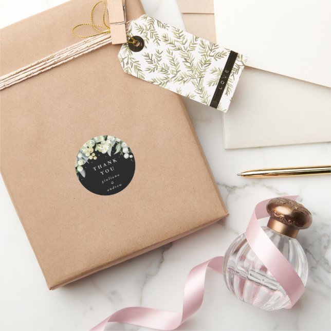 Adesivo Redondo Casamento de Black Snowberry+Eucalyptus Obrigado (Presentear)