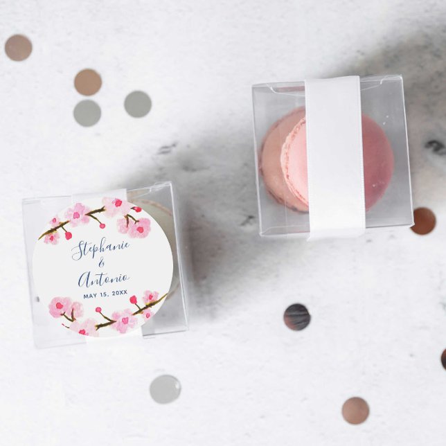 Adesivo Redondo Casamento de Blossom de Cereja Rosa Brilhante (Criador carregado)