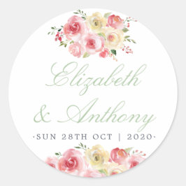 Adesivo Redondo Casamento de Blush e Sage Green Floral Watercolor