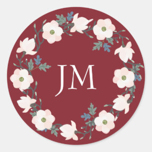 Adesivo Redondo Casamento de Blush Floral Wreath Burgundy Monogram