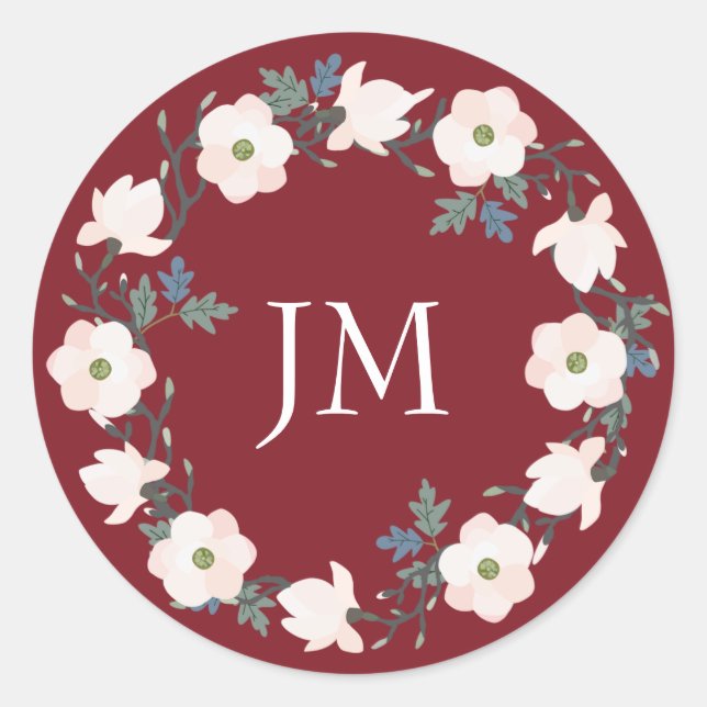 Adesivo Redondo Casamento de Blush Floral Wreath Burgundy Monogram (Frente)