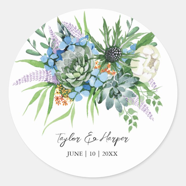 Adesivo Redondo Casamento de Boho com Buquê Floral Suculente de Wa (Frente)
