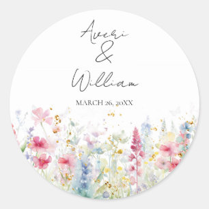 Adesivo Redondo Casamento de Boho Moderno com Aquarela de Flor de 