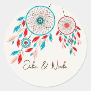 Adesivo Redondo Casamento de Boho Tribal com Dreamcatcher de penas