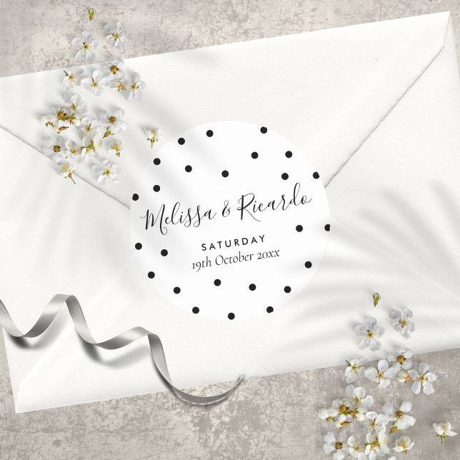 Adesivo Redondo Casamento de Bolinhas Negras e Brancas Elegantes (Elegant Black and White Polka Dots Wedding Classic Round Sticker)