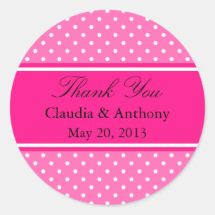 Adesivo Redondo Casamento de Bolinhas Rosa Quente e Branco Obrigad