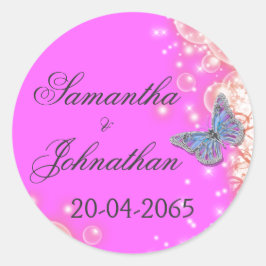 Adesivo Redondo Casamento de borboleta azul roxa rosa