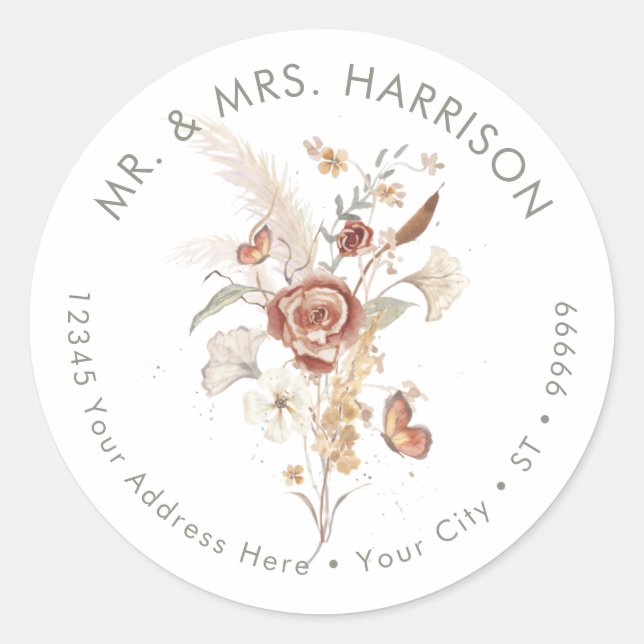 Adesivo Redondo Casamento de Borboleta de Folha Floral Folha de Fo (Frente)