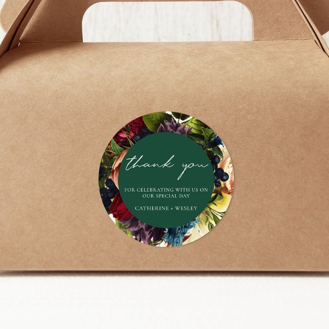 Adesivo Redondo Casamento de Borgonha Floral de Emerald Green (Criador carregado)