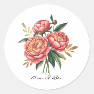 Adesivo Redondo Casamento de Buquê de Peony Laranja Elegante