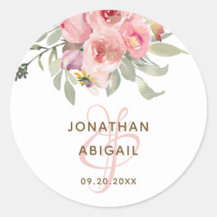 Adesivo Redondo Casamento de Buquê Floral de Cor de Água Rosa Su