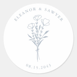Adesivo Redondo Casamento de Buquê Floral Minimalista Dusty Blue