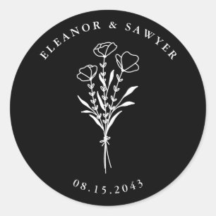 Adesivo Redondo Casamento de Buquê Floral Minimalista Negro e Bran