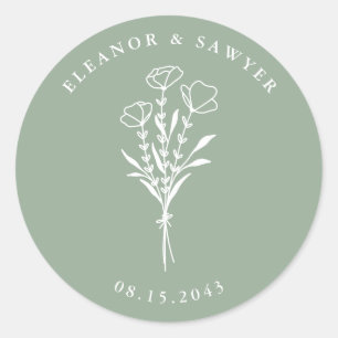 Adesivo Redondo Casamento de Buquê Floral Minimalista Sage Green