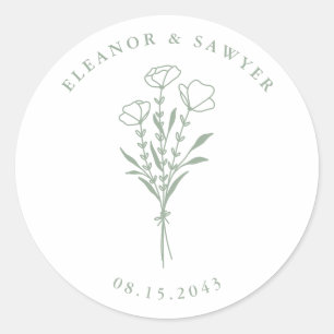 Adesivo Redondo Casamento de Buquê Floral Minimalista Sage Green