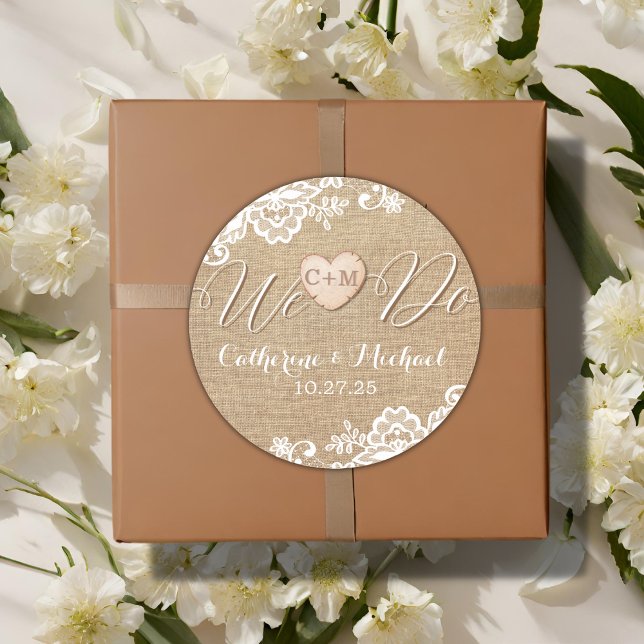 Adesivo Redondo Casamento De Burlap E Lace Rustic Country (Criador carregado)