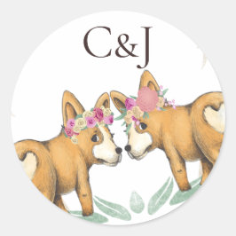 Adesivo Redondo Casamento de Cães Corgi com Duas Brides Monogramas