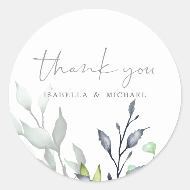 Adesivo Redondo Casamento de Caligrafia Botânica Obrigado (Frente)