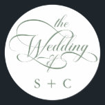 Adesivo Redondo Casamento de Caligrafia Romântica Sage Green<br><div class="desc">Um simples adesivo verde-sábio e branco apresenta uma caligrafia elegante e romântica com iniciais. Para uma personalização mais avançada deste design,  clique no BOTÃO FERRAMENTA DESIGN AZUL acima!</div>